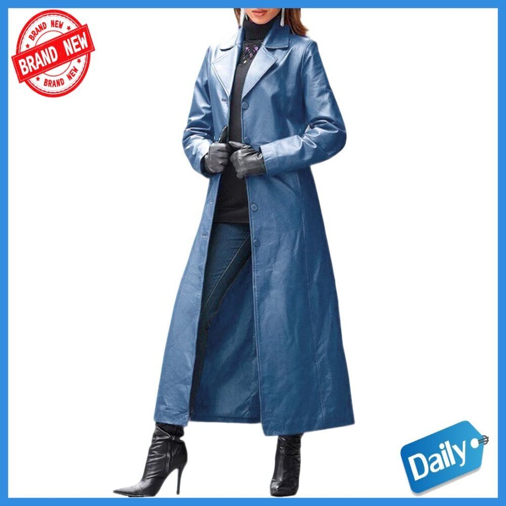 Faux Leather Trench Coat Maxi Length Lapel Collar Button Down Overcoat